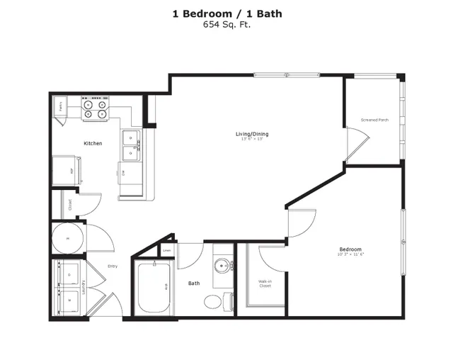 Modern 2D floor plan featuring one bedroom, stylish kitchen, and roomy living/dining area with balcony access.