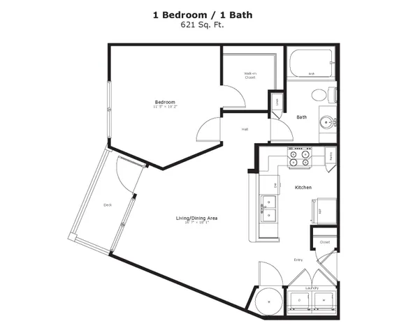 Modern 2D floor plan featuring1 bedroom, 1 bathroom floor plan with open-concept living/dining area, spacious kitchen, and inviting deck, totaling 621 sq ft.