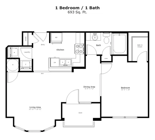 Modern 2D floor plan featuring a 693 sq. ft. layout with one bedroom, an open kitchen, cozy living area, and deck.