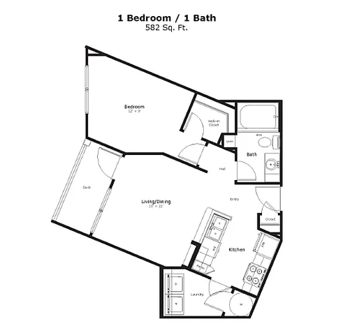 Modern 2D Floorplan featuring 1 bedroom, 1 bath floor plan with open living and dining space, kitchen, and private deck, 582 sq ft.