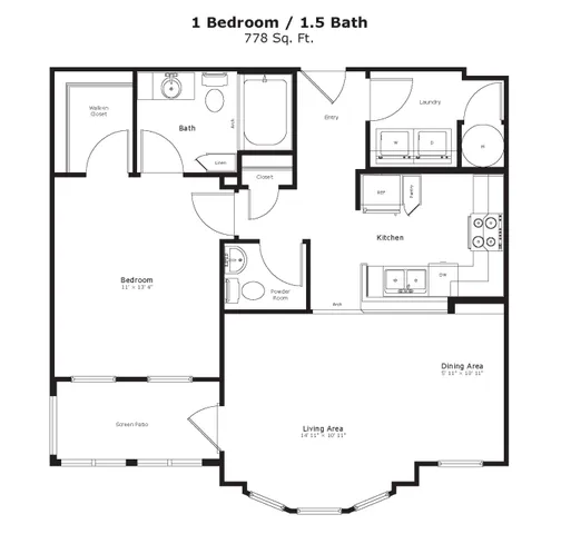 Chic floor plan displaying 1 bedroom, elegant open kitchen with dining space, and spacious living area.