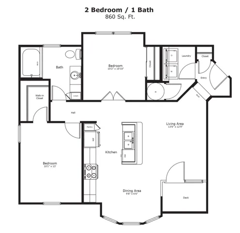 Elegant floor plan illustrating 2 bedrooms, a chic open kitchen, and a cozy living area. Ideal layout with dining space and modern amenities.