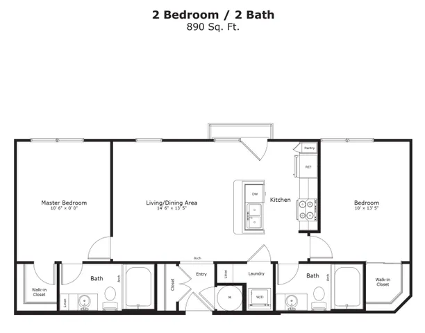 Modern floor plan showcasing a spacious layout with 2 bedrooms, open living/dining area, and a well-equipped kitchen.
