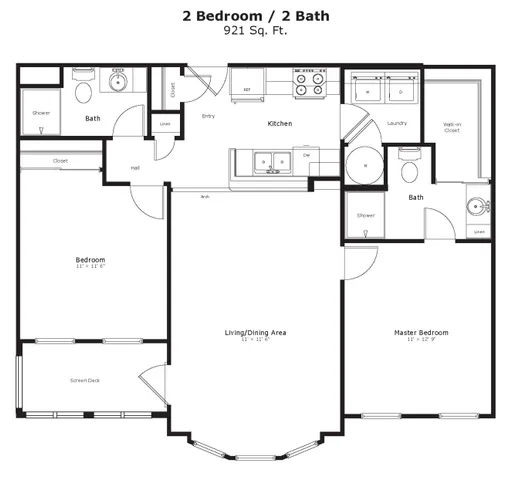 Contemporary floor plan boasting 2 bedrooms, 2 bathrooms, spacious living/dining area, and a modern kitchen with adjacent laundry space.