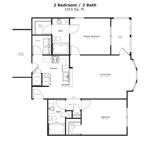 Elegant floor plan showcasing 2 bedrooms, 2 bathrooms, modern kitchen, spacious living area, and attached garage.