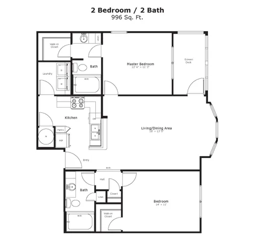 Elegant 2D floor plan showcasing a master suite, additional bedroom, and expansive living/dining area with modern kitchen.