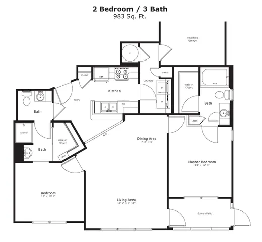 Spacious 2 bedroom, 3 bath floor plan featuring an open kitchen, dining area, living space, and attached garage, spanning 983 sq ft.