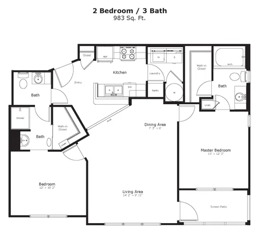 Modern floor plan showcasing 2 bedrooms, 2 baths, and an open dining area connected to the living room, with a well-equipped kitchen.