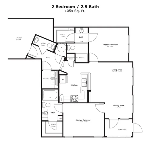 Modern 2D floor plan displaying 3 bedrooms, 2 bathrooms, a spacious living area, and a well-equipped kitchen with dining space.