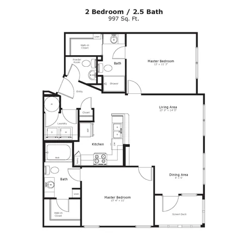 Elegant 2D floor plan showcasing two master bedrooms, a spacious living area, and a modern kitchen with ample storage.