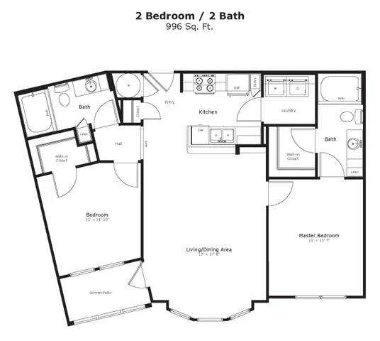 Chic floor plan displaying 2 spacious bedrooms, 2 modern bathrooms, open kitchen, and inviting living/dining area.