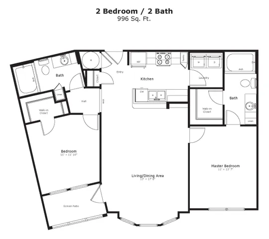 Modern floor plan showcasing a spacious 2-bedroom layout with an open living and dining area, a sleek kitchen, and two stylish bathrooms.