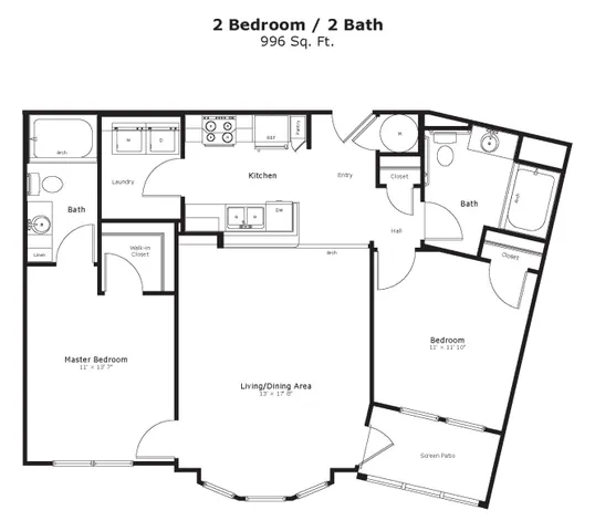 Modern floor plan showcasing 2 bedrooms, 2 baths, and an inviting living/dining area with adjacent kitchen.