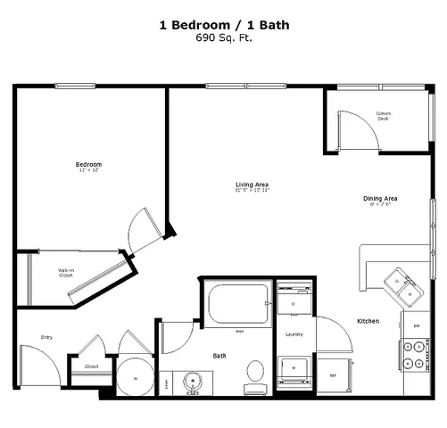 Modern 2D floor plan displaying a spacious 1 bedroom with an en-suite, an open living and dining area, and a well-equipped kitchen.