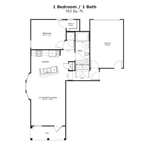 Modern apartment floor plan with 2 bedrooms, 2 bathrooms, open living/dining area, and integrated kitchen, featuring an enclosed garage.