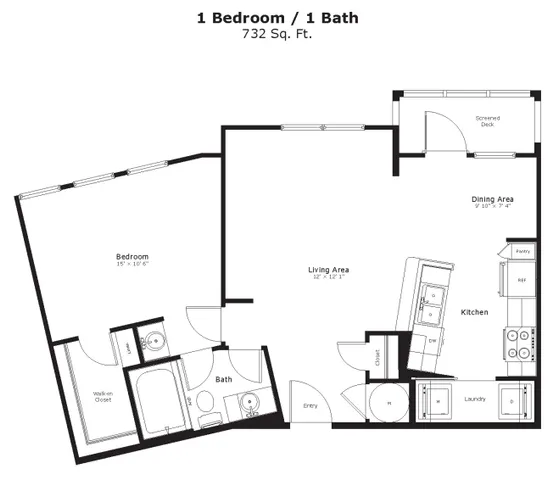 Modern apartment floor plan showcasing 1 bedroom, a stylish kitchen with dining area, and a spacious living room with elegant layout.