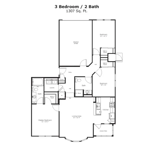 Modern floor plan featuring 3 bedrooms, 2 bathrooms, open living room, and a functional kitchen space.