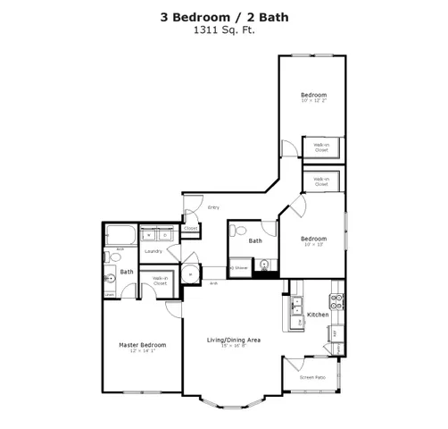 Contemporary floor plan displaying 3 bedrooms, 2 bathrooms, and a spacious living and dining area with a modern kitchen.