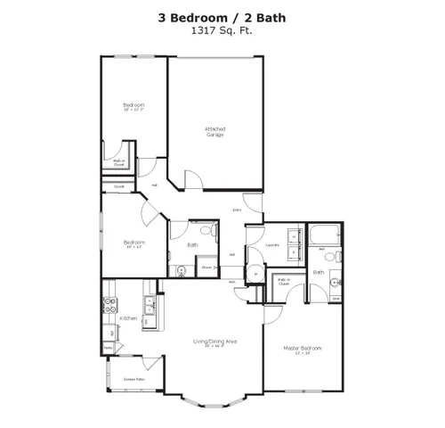 Contemporary floor plan displaying 3 bedrooms, 2 bathrooms, and a spacious living and dining area with a modern kitchen.