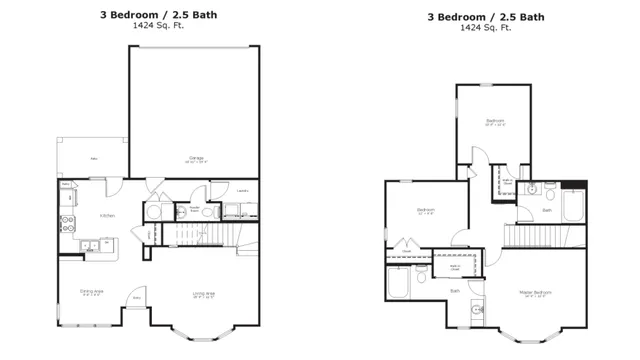 Elegant 2D floor plan showcasing 3 bedrooms, 2.5 baths, and a spacious master suite with en-suite bathroom.