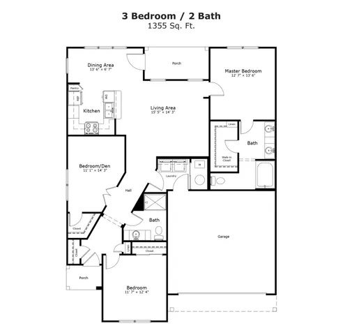 Modern 2D floor plan showcasing 3 bedrooms, an open living area, a functional kitchen, and a convenient garage.