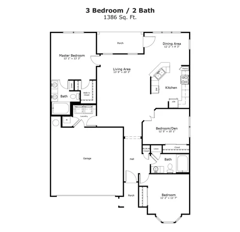 Modern 2D floor plan showcasing 3 bedrooms, an open living area, a functional kitchen, and a convenient garage.