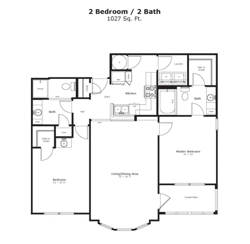Elegant floor plan showcasing 2 bedrooms, an expansive living/dining area, and a modern kitchen design.