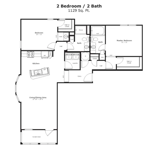 Modern 2D floor plan showcasing 3 bedrooms, an open-concept living room, and a spacious kitchen layout.
