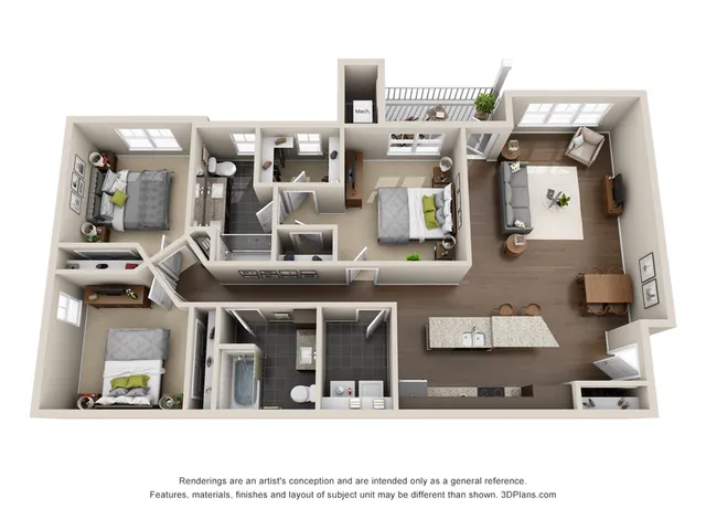 Charming 3D apartment floor plan showcasing 3 bedrooms, 2 modern bathrooms, a sleek open kitchen, and a cozy living area with balcony access.