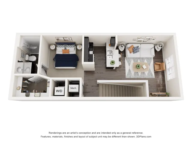 Contemporary 3D floor plan of a chic apartment with one bedroom, modern kitchen, and cozy living room, featuring stylish furnishings and ample natural light.