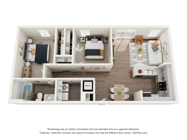 Modern 3D floor plan showcasing 2 bedrooms, stylish open-concept living area, and chic kitchen with breakfast bar.