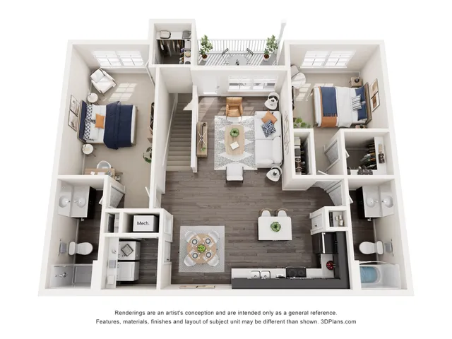 Modern 3D floor plan showcasing an elegant two-bedroom apartment with cozy living area, spacious kitchen, and two bathrooms. Features inviting natural light and stylish decor.