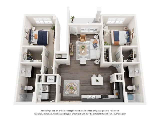 Modern 3D floor plan showcasing 2 bedrooms, open-concept living space, stylish kitchen, and 2 bathrooms, perfect for comfortable living.