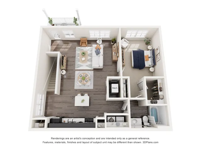 Modern open-concept floor plan with spacious living room, cozy bedroom, elegant kitchen, and neat balcony area.