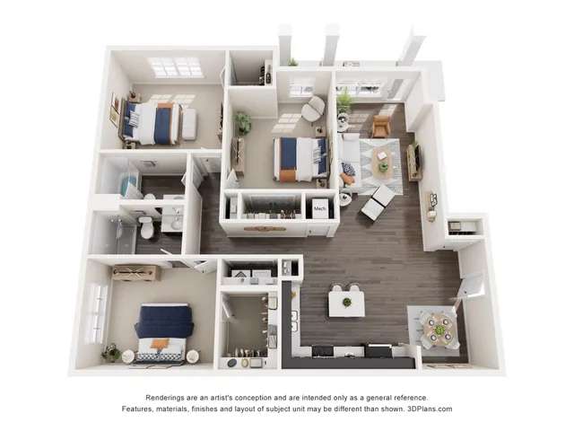 Charming 3D floor plan showcasing 3 bedrooms, a cozy living room, modern kitchen, and dining area, ideal for comfortable urban living.