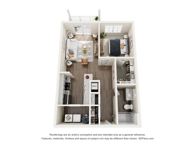 Modern 3D floor plan showcasing a cozy one-bedroom apartment with a stylish living room, well-equipped kitchen, and private balcony.