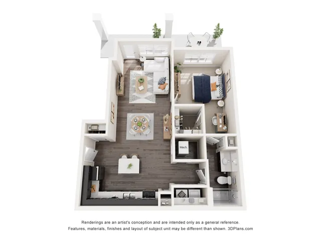 Elegant 3D floor plan showcasing a cozy one-bedroom apartment with a spacious living area, modern kitchen, and stylish bathroom layout.