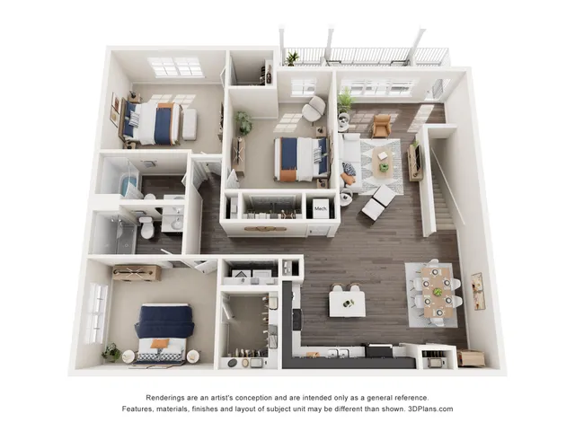 Modern 3D floor plan showcasing 2 bedrooms, an inviting open-concept living room, and a chic kitchen with adjacent dining area. Includes a stylish living space with a balcony view and two bathrooms for convenience.