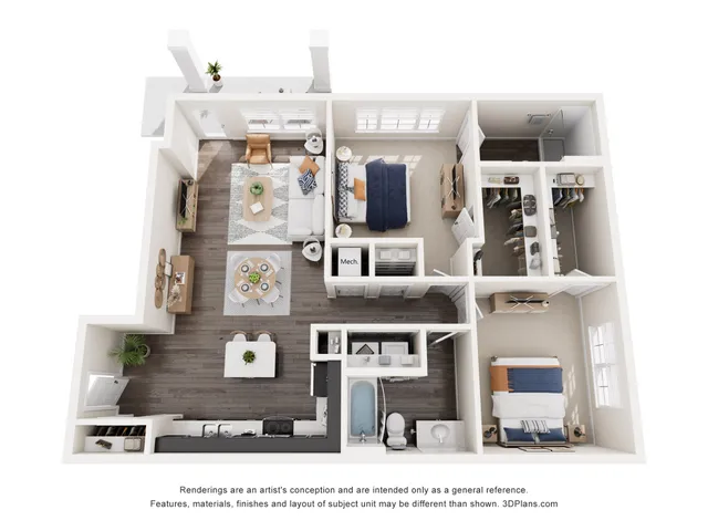 Elegant 3D floor plan showcasing a beautifully designed 2-bedroom apartment with a spacious living area, modern kitchen, and inviting balcony.