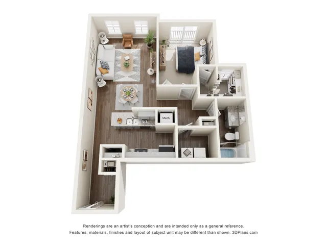 Charming 3D floor plan showcasing a welcoming one-bedroom apartment with an open living space, modern kitchen, and a cozy dining area.