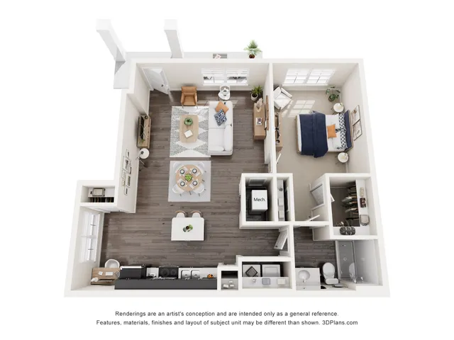 Modern 3D floor plan showcasing a spacious 1-bedroom apartment with open-concept living and dining areas, stylish kitchen, and luxurious bathroom.