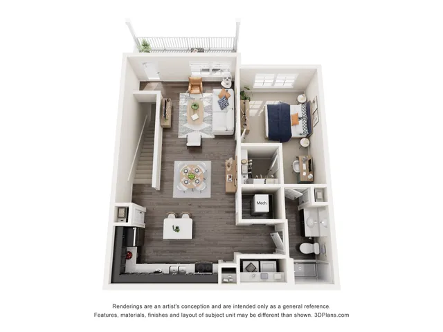 Contemporary 3D floor plan showcasing a cozy one-bedroom apartment with an open-concept living and dining area, sleek kitchen, and private balcony.