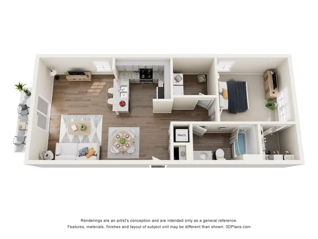 Modern 3D floor plan featuring a cozy 1-bedroom apartment with an open-concept living room, stylish kitchen, and sleek bathroom. Includes a breakfast bar and a charming outdoor seating area.