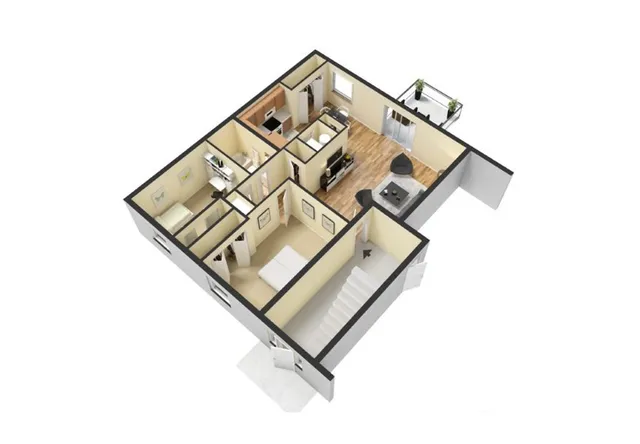 Chic 3D floor plan showcasing a modern apartment with two bedrooms, cozy living room, sleek kitchen, and private balcony.