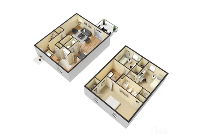 Modern 3D floor plan featuring a two-story layout with a cozy living room, stylish kitchen, and three comfortable bedrooms.