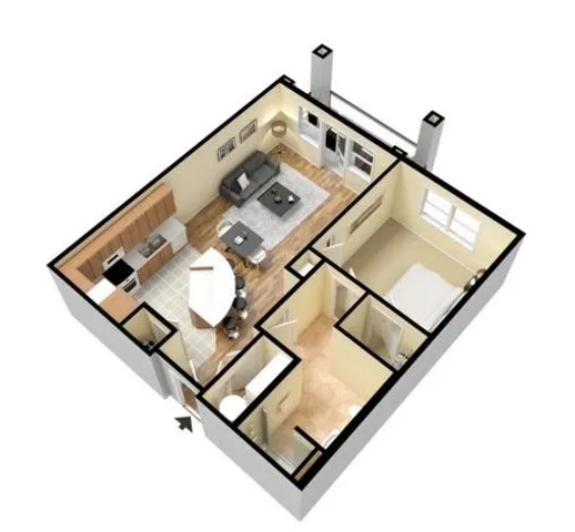 Chic 3D floor plan showcasing a modern apartment with 1 bedroom, open-concept kitchen, stylish living area, and cozy dining space.