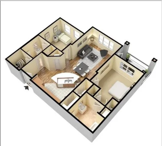 Chic 3D apartment layout featuring two cozy bedrooms, a modern open-concept kitchen and living area, and a private balcony.