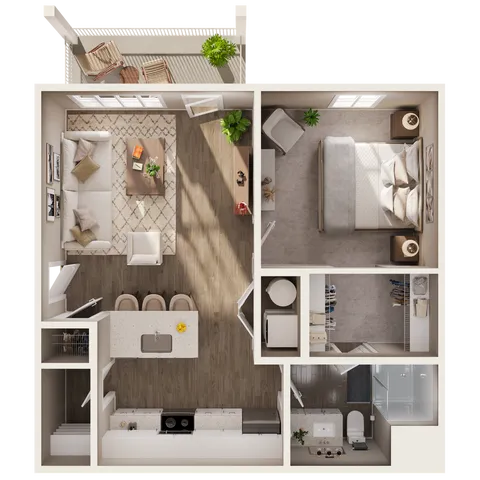 Chic 1-bedroom apartment floor plan featuring an open-concept living area, modern kitchen, and private balcony with seating.