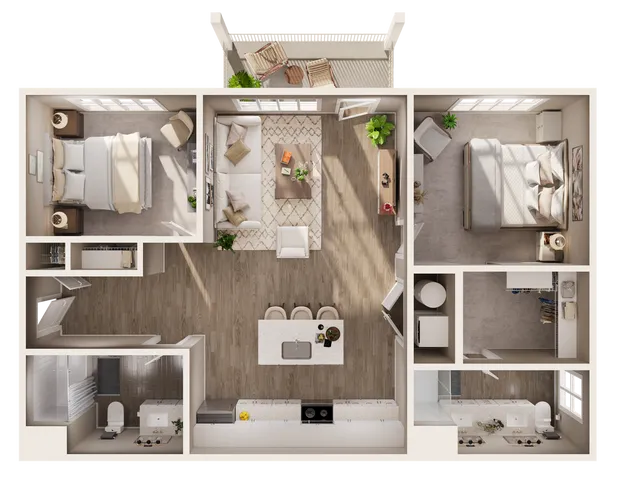 Elegant floor plan showcasing a modern 2-bedroom apartment with open-concept living and dining area, stylish kitchen, spacious balcony, and serene bathrooms.
