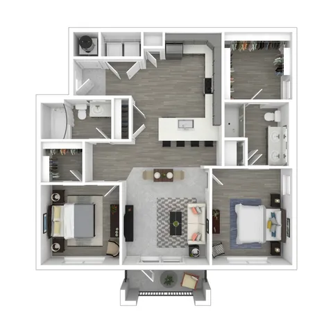 Spacious 3D floor plan showcasing 2 bedrooms, modern kitchen with island, open living area, and two bathrooms, perfect for contemporary living.